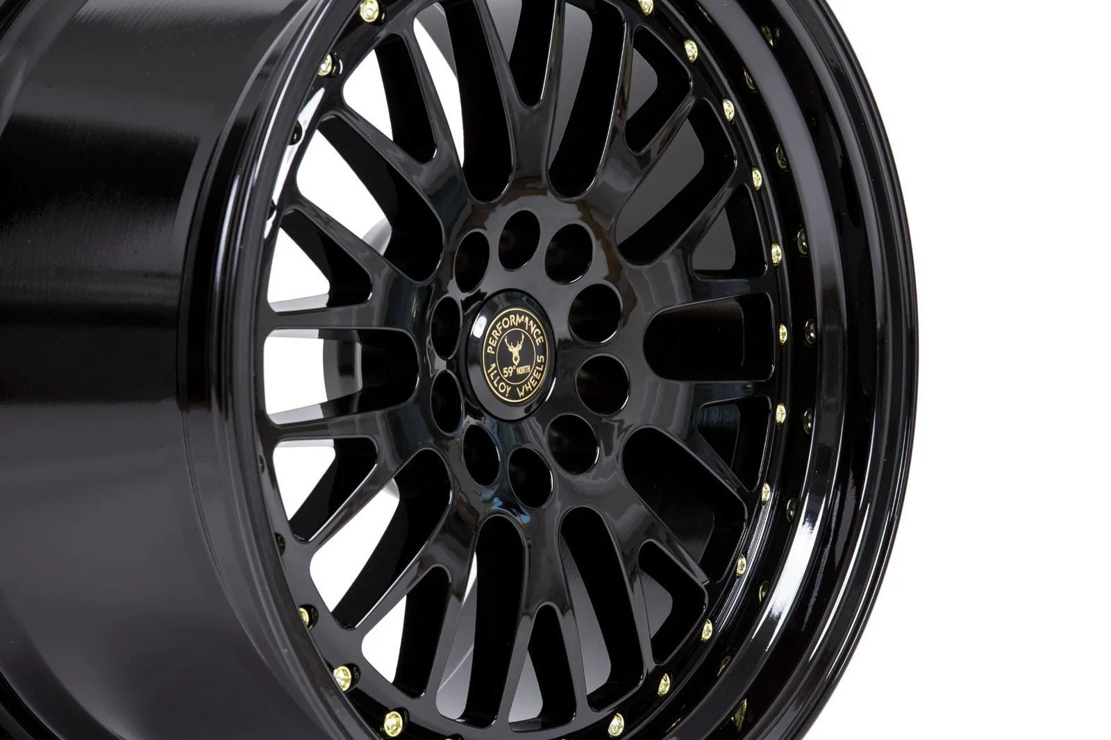 Легкосплавний диск 18" 59 North Wheels D-003 18x9,5 ET20 5x114,3/120 глянцевий чорний/золотий заклепки - фото My Tuning Lab