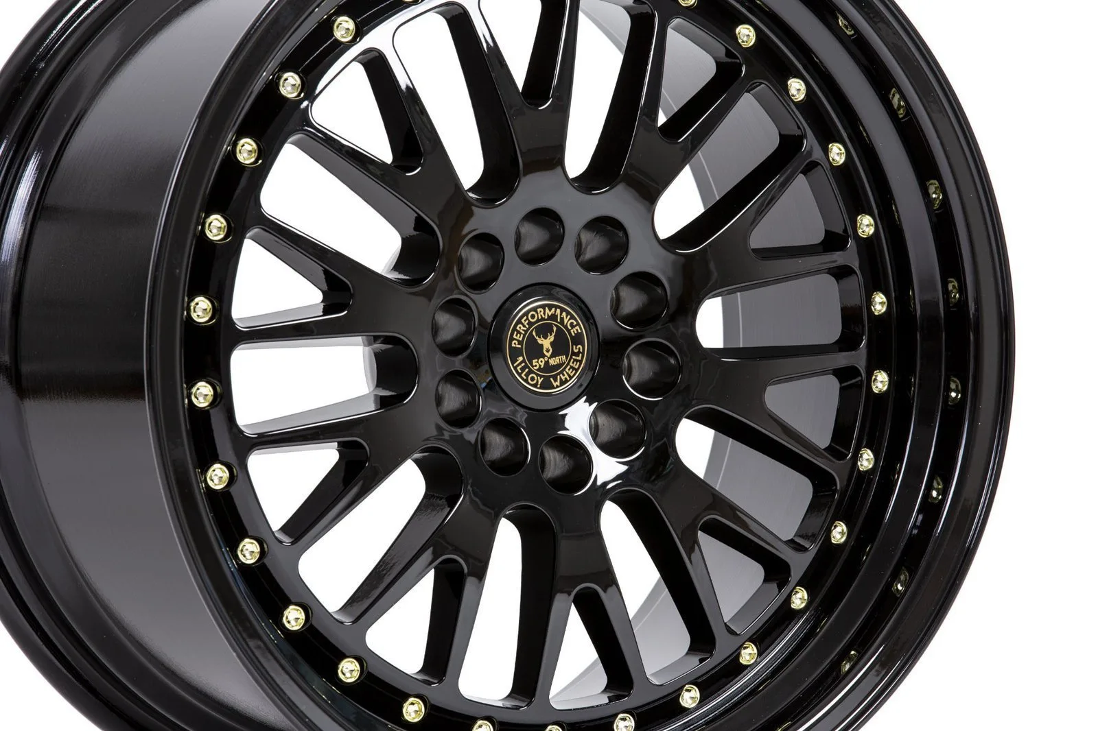 Легкосплавний диск 18" 59 North Wheels D-003 18x9,5 ET20 5x114,3/120 глянцевий чорний/золотий заклепки - фото My Tuning Lab